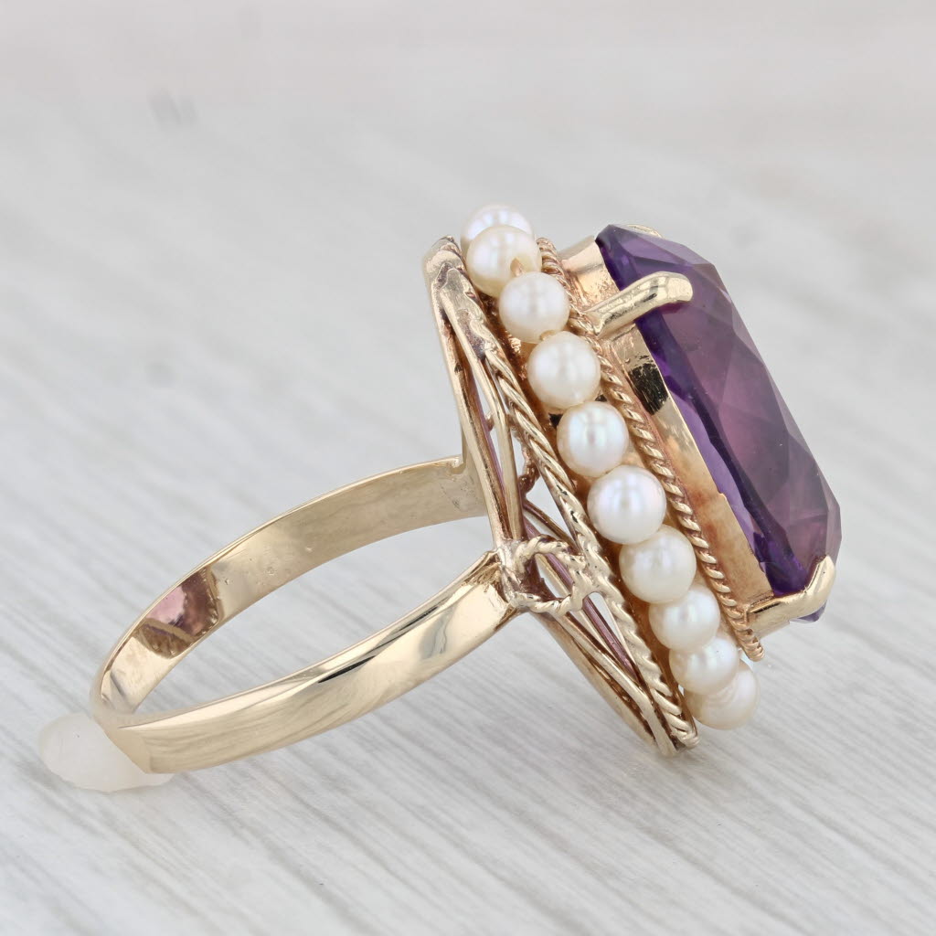 Light Gray 12ct Oval Amethyst Pearl Halo Ring 14k Yellow Gold Size 8 Cocktail