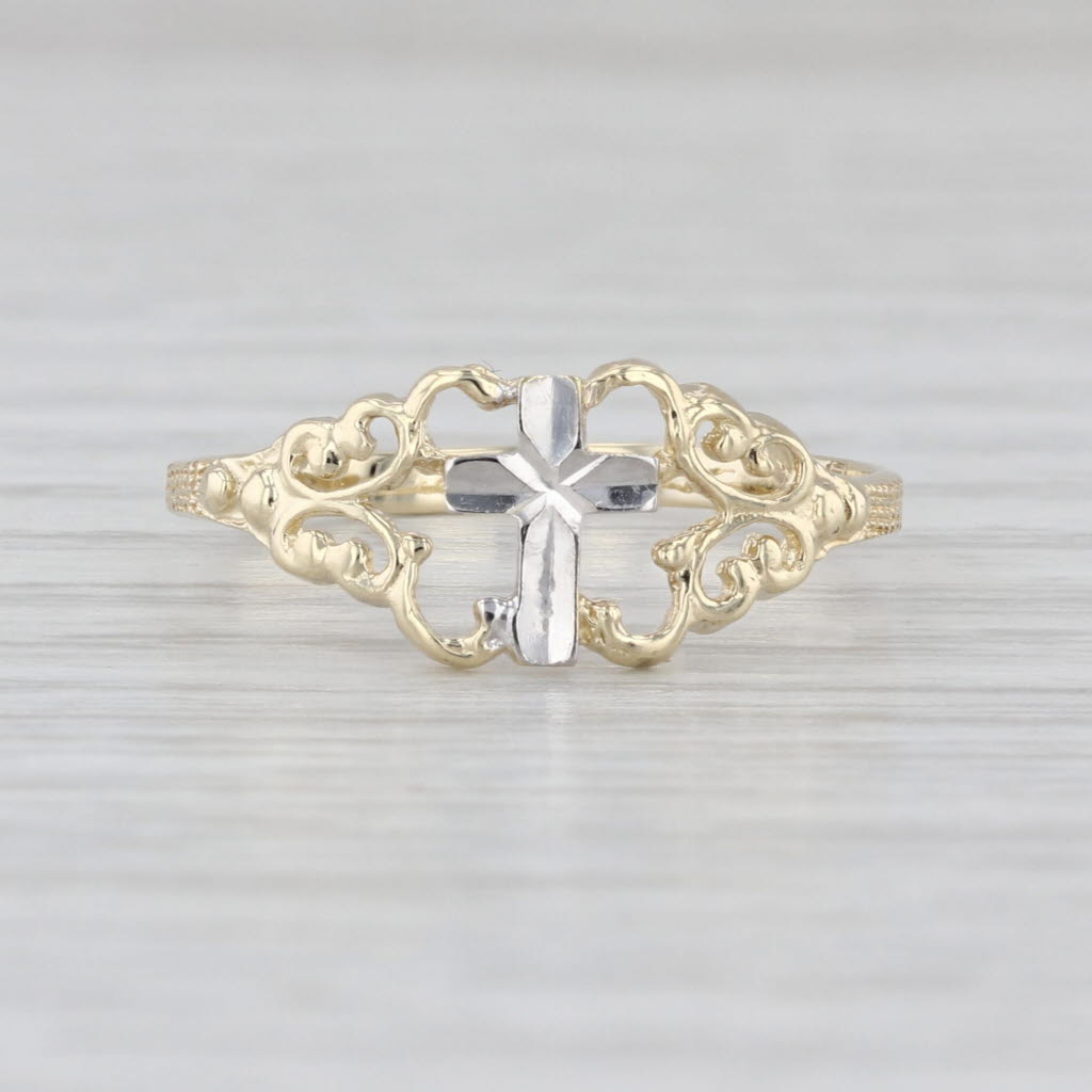 Ornate Cross Ring 10k Yellow White Gold Size 7.5