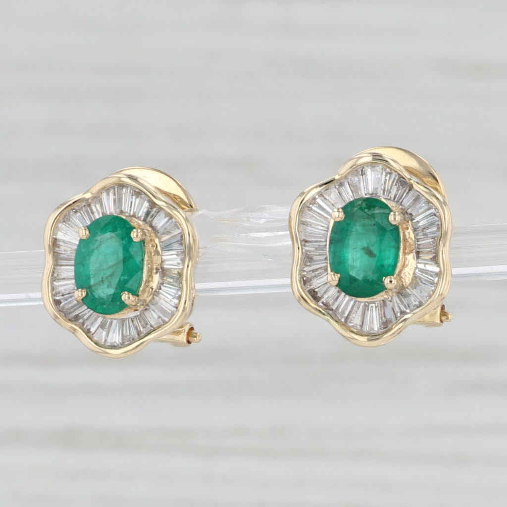 Light Gray 2.10ctw Emerald Diamond Halo Stud Earrings 14k Yellow Gold Pierced Omega Backs