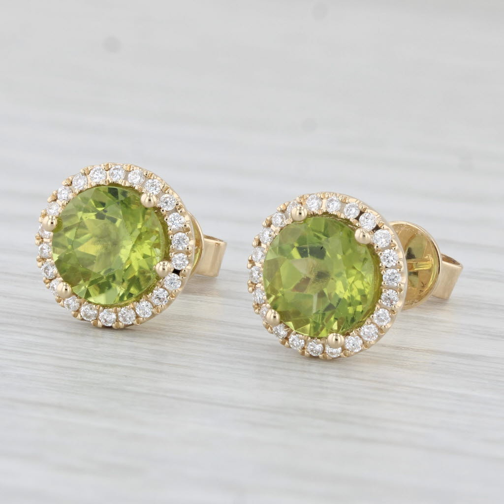 Light Gray New 3.10ctw Round Peridot Diamond Halo Stud earrings 14k Yellow Gold