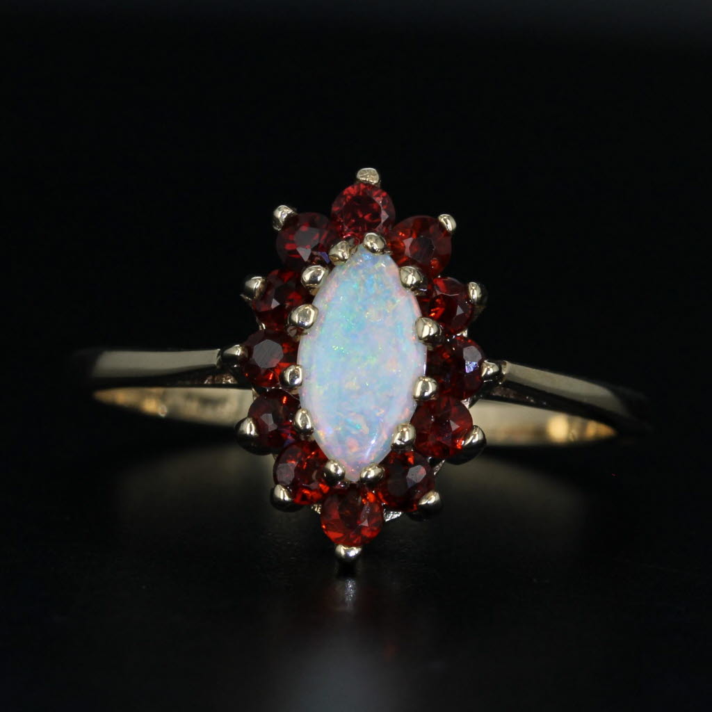 Black Opal Navette Cabochon Garnet Halo Ring 10k Yellow Gold Size 7.5