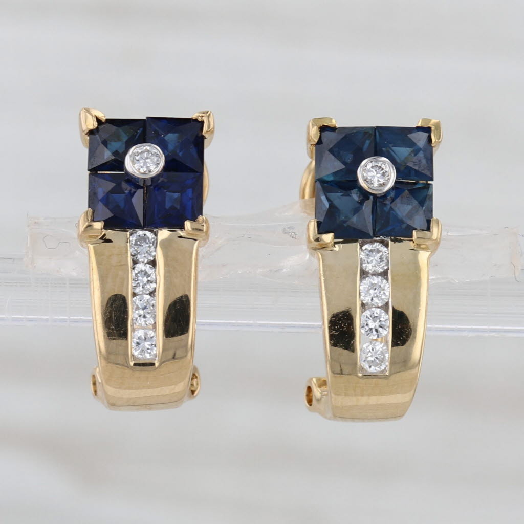 1.78ctw Blue Sapphire Diamond Drop Earrings 18k Yellow Gold Omega Backs