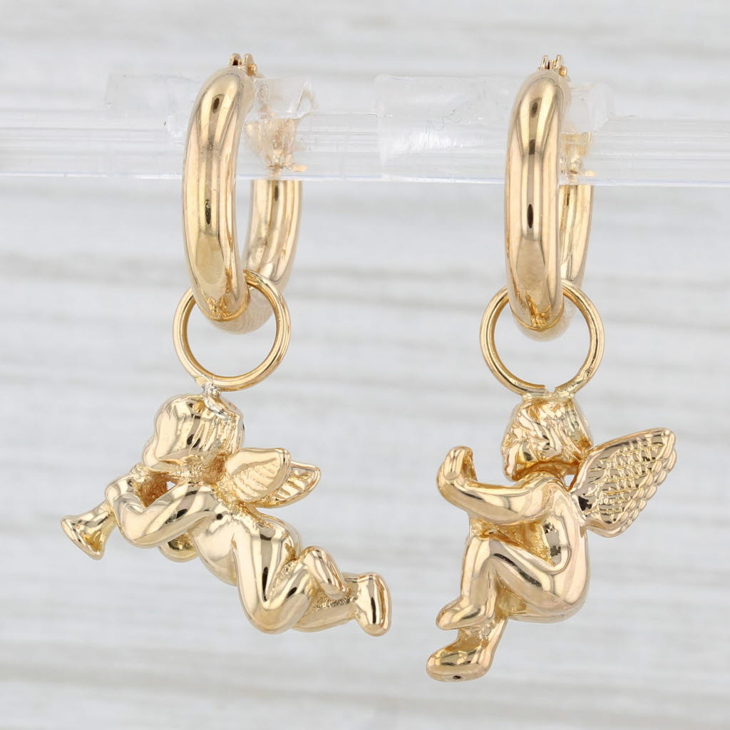 Light Gray Heraldic Cherub Dangle Hoop Earrings 18k Gold Guardian Angel Charms on Hoops