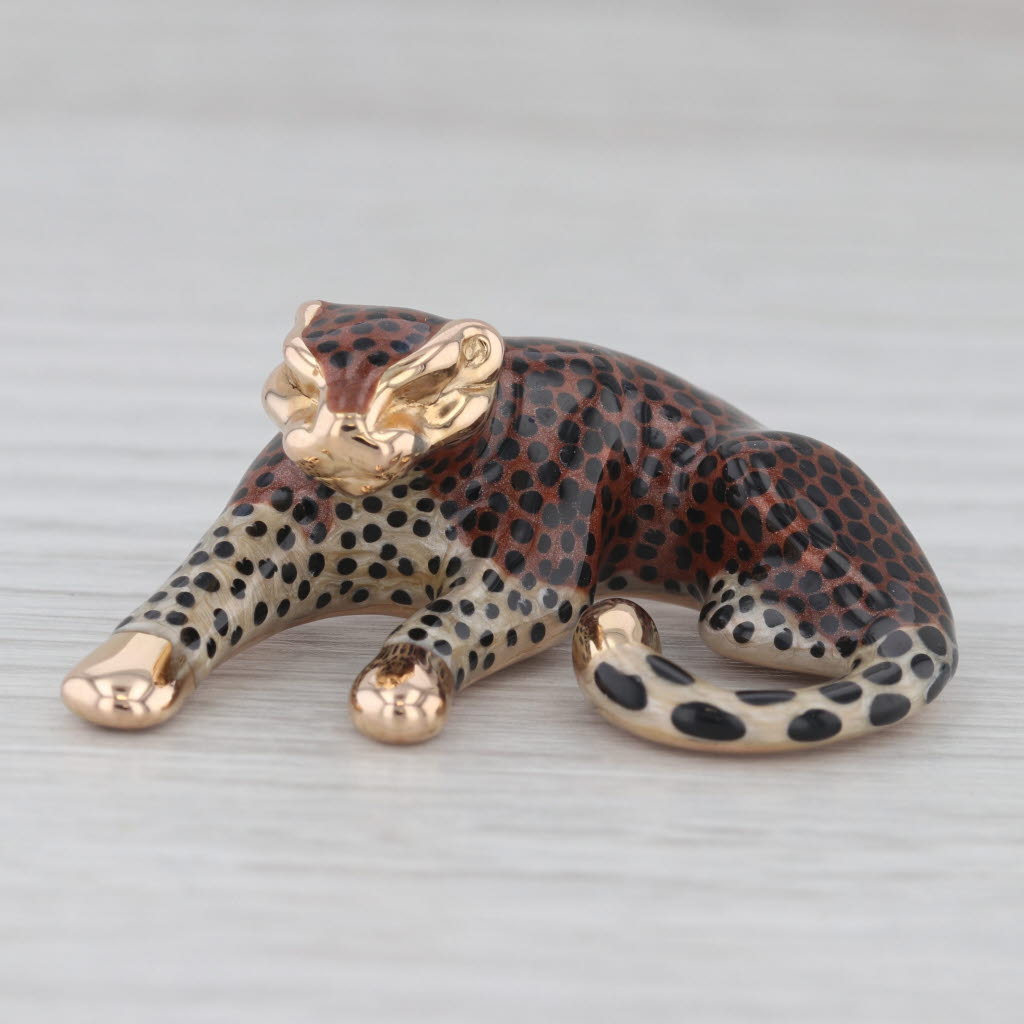 Gray Leopard Slide Pendant 14k Yellow Gold Enamel