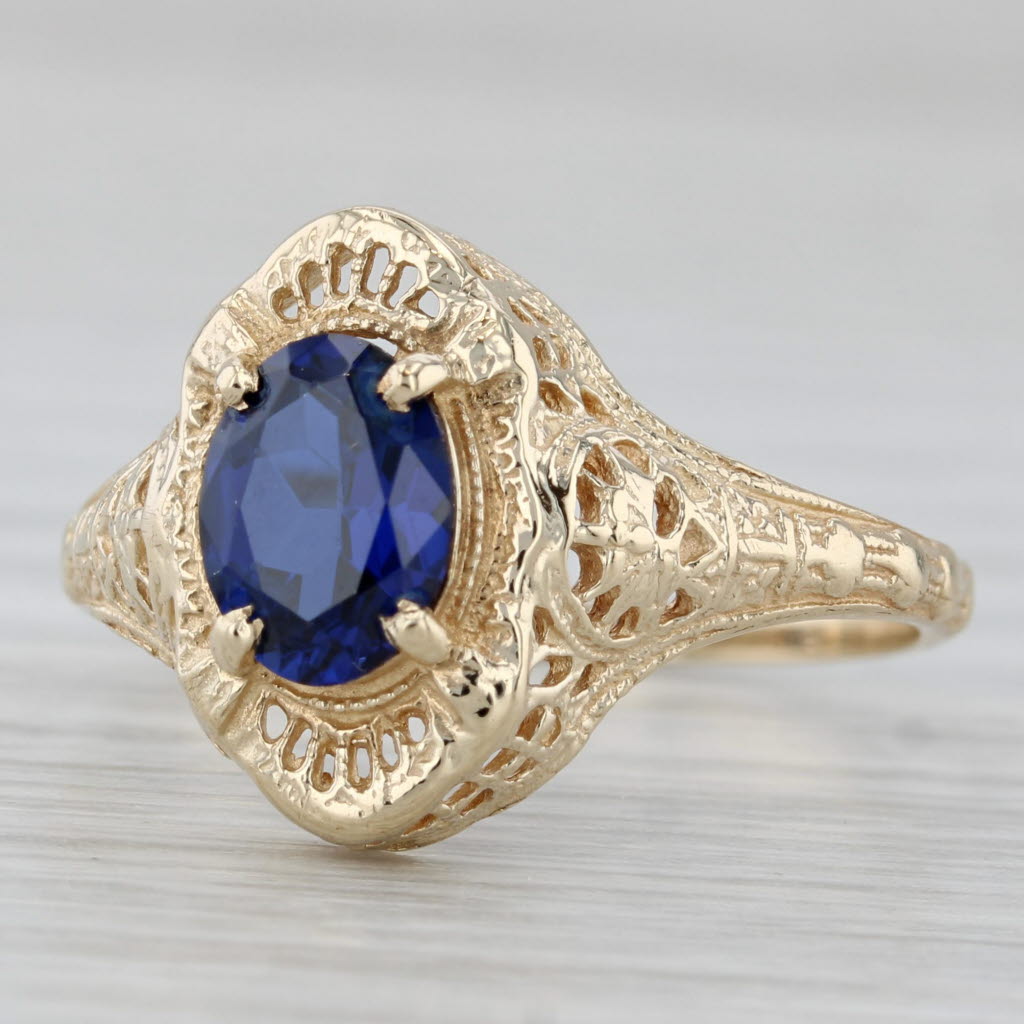 Gray 0.72ct Oval Lab Created Blue Sapphire 10k Yellow Gold Floral Filigree Size 9.5