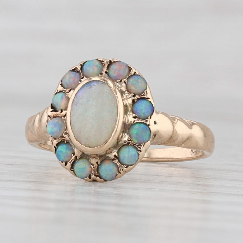 Light Gray Antique Opal Cabochon Halo Ring 10k Yellow Gold Size 6