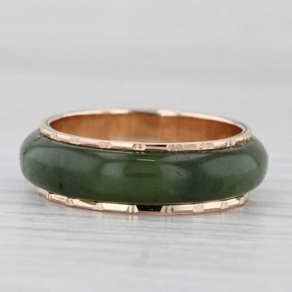 Light Gray Green Nephrite Jade Band Gold Bamboo Pattern 14k Size 8.25 Ring