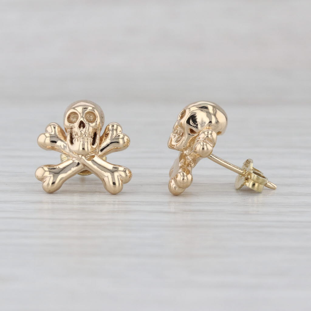 Skull Cross Bones Stud Earrings 14k Yellow Gold Gothic Biker Studs