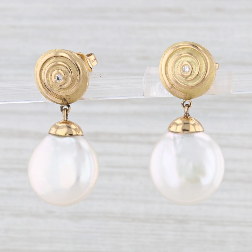 Light Gray Yvel Cultured Pearl Coin Diamond Dangle Earrings 18k Yellow Gold Pierced Drops