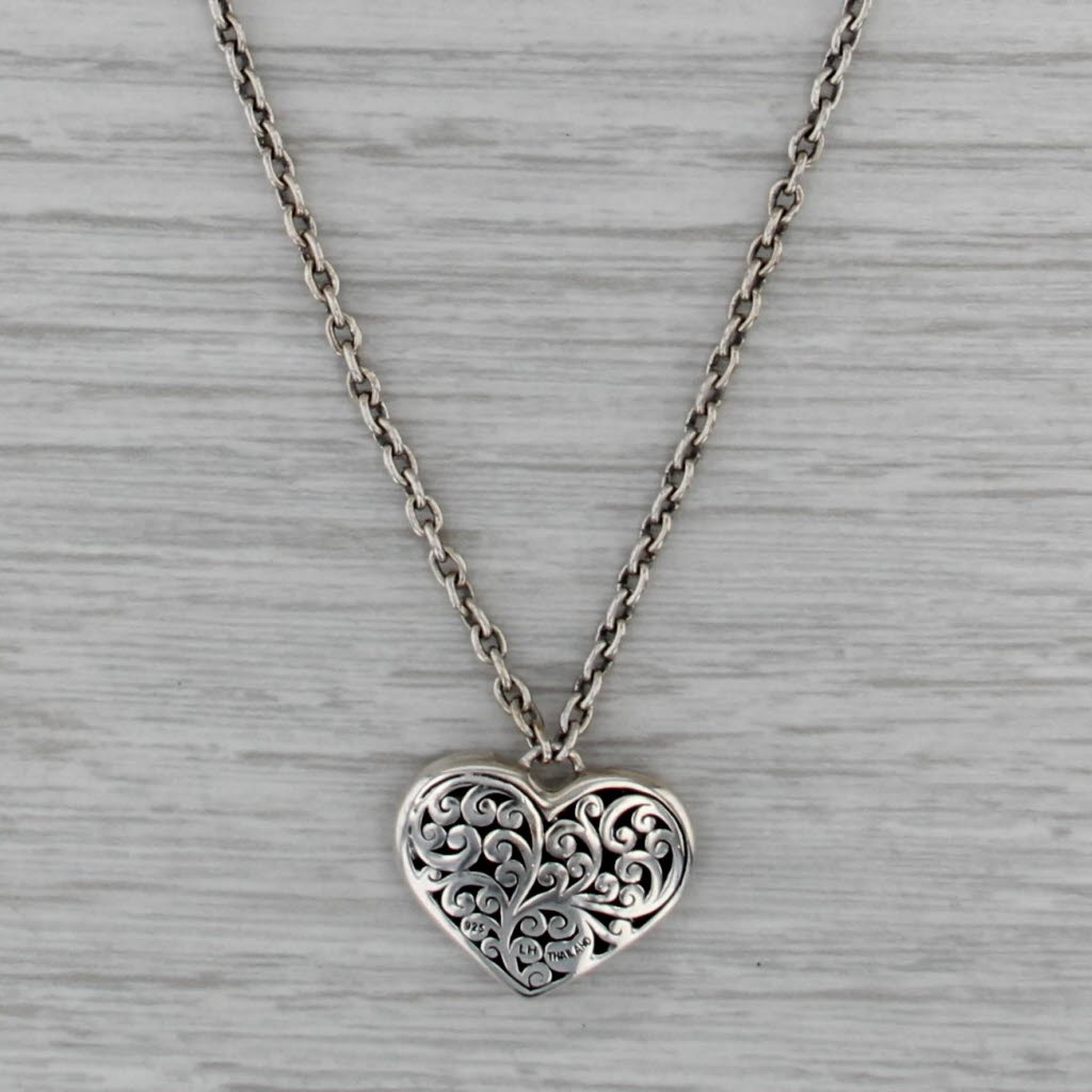 Lois Hill Diamond Ornate Heart Pendant Necklace Sterling Silver Cable Chain