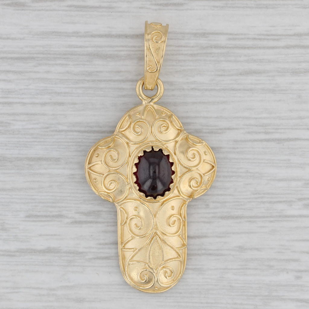 Gray Ornate Garnet Solitaire Cross Pendant 18k Yellow Gold Italian