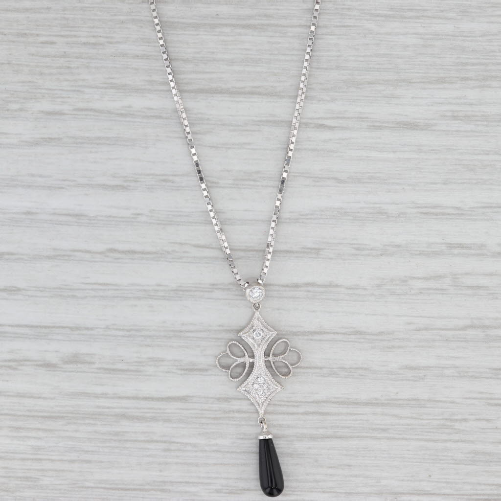 Diamond Onyx Pendant Necklace 14k White Gold 17" Box Chain