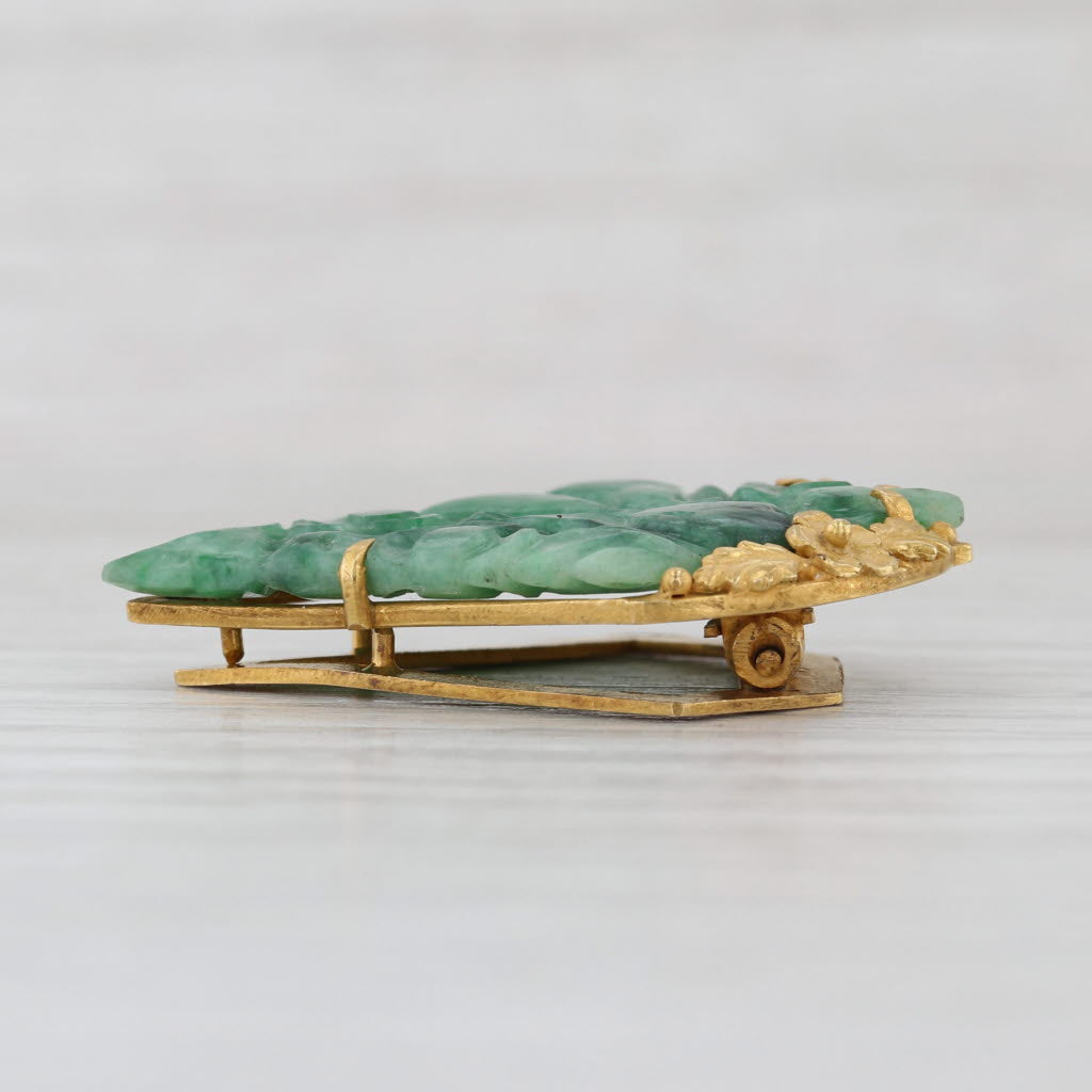 Antique Green Floral Carved Jadeite Jade Pendant Brooch 14k Gold Clip Back