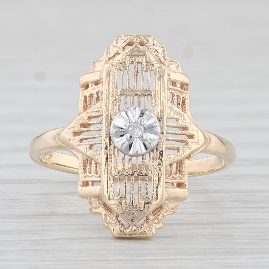 Light Gray Vintage Diamond Accented Ring 10k Yellow Gold Filigree Size 6.5