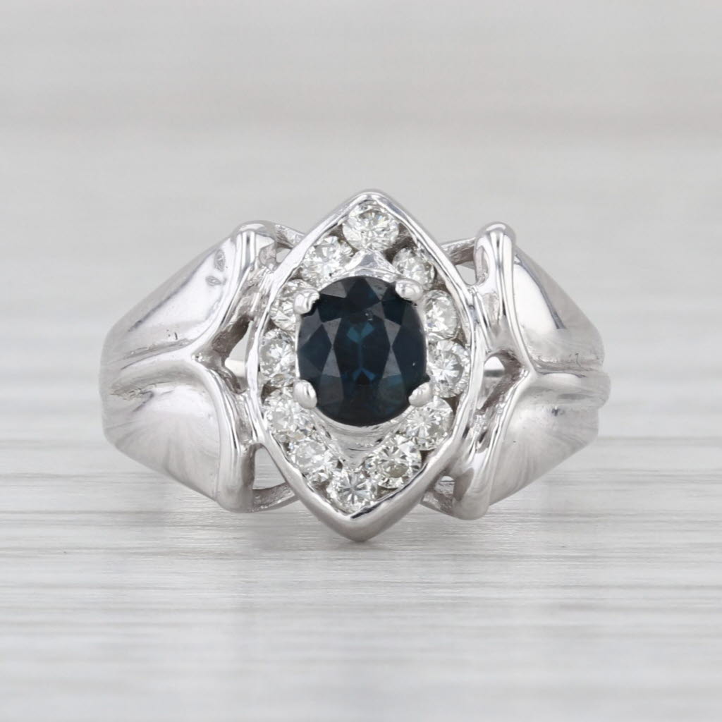 0.82ctw Blue Sapphire Diamond Halo Ring 18k White Gold Size 3.5 Engagement