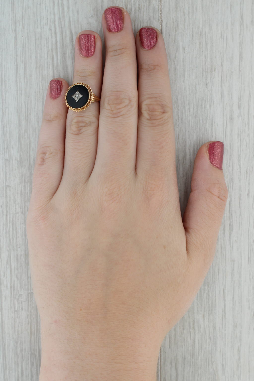 Dark Gray Vintage Onyx Diamond Signet Ring 10k Yellow Gold Size 4.75