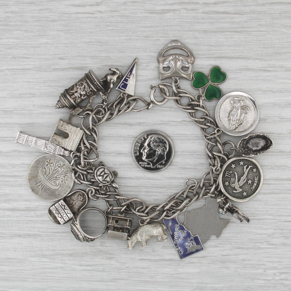 Vintage Multi-themed Charm Bracelet Sterling Silver Travel Luck Animal 7"