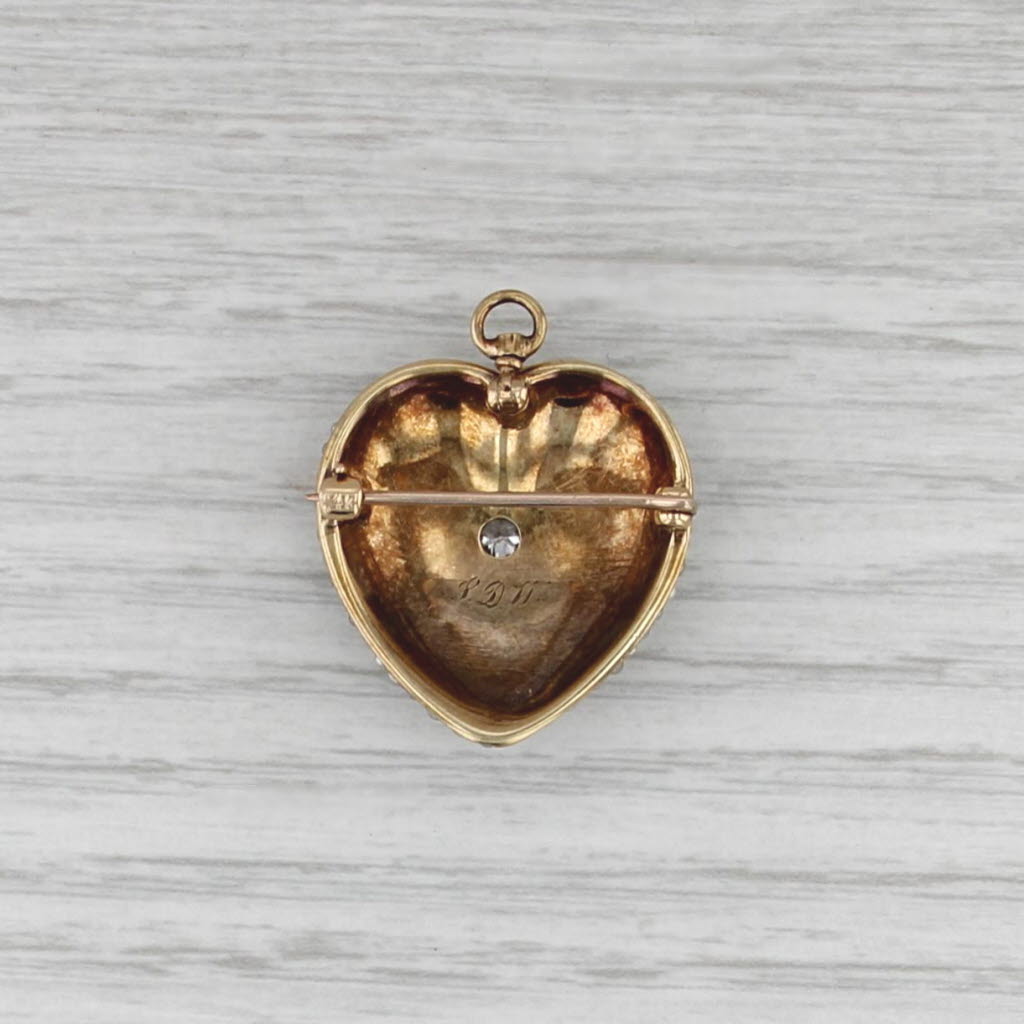 Vintage Diamond Seed Pearl Puffy Heart Pendant Brooch 14k Yellow Gold Pin