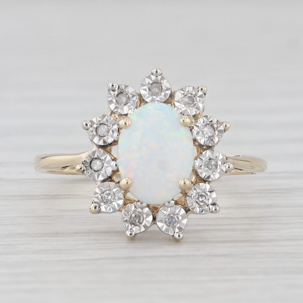 Light Gray Lab Created Opal Diamond Halo Ring 10k Yellow Gold Size 7