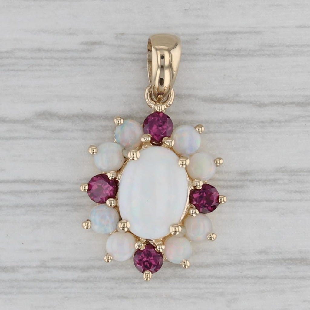 Gray Oval Opal Pink Sapphire Flower Drop Pendant 14k Yellow Gold