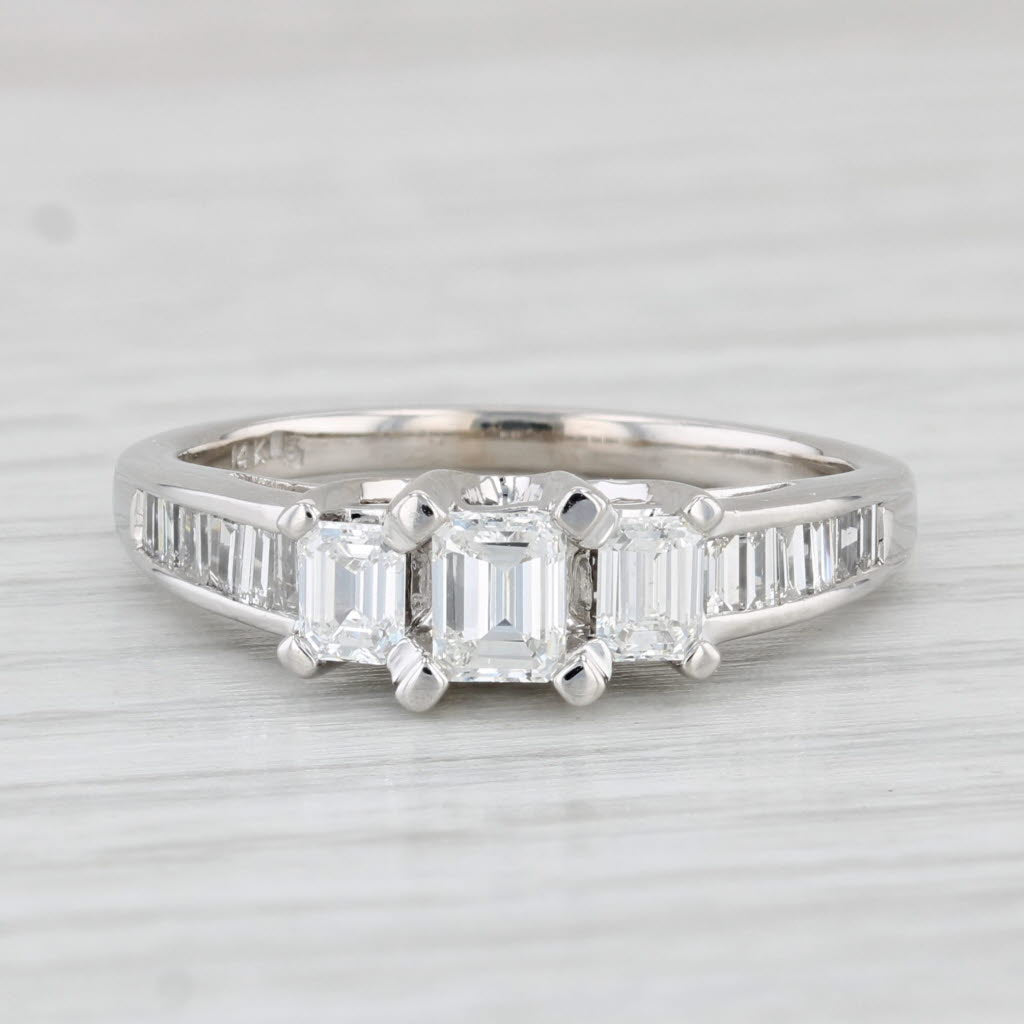 Light Gray 1ctw Emerald Cut 3-Stone Diamond Engagement Ring 14k White Gold Cathedral Band