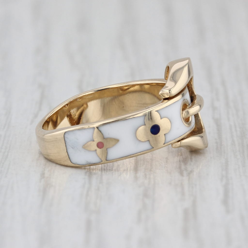 Floral Belt Buckle Ring 14k Yellow Gold Multicolor Resin Size 8 Band