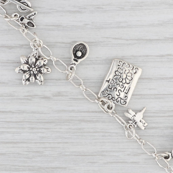 Light Gray Garden Themed Charm Bracelet Sterling Silver Cable Chain 7”