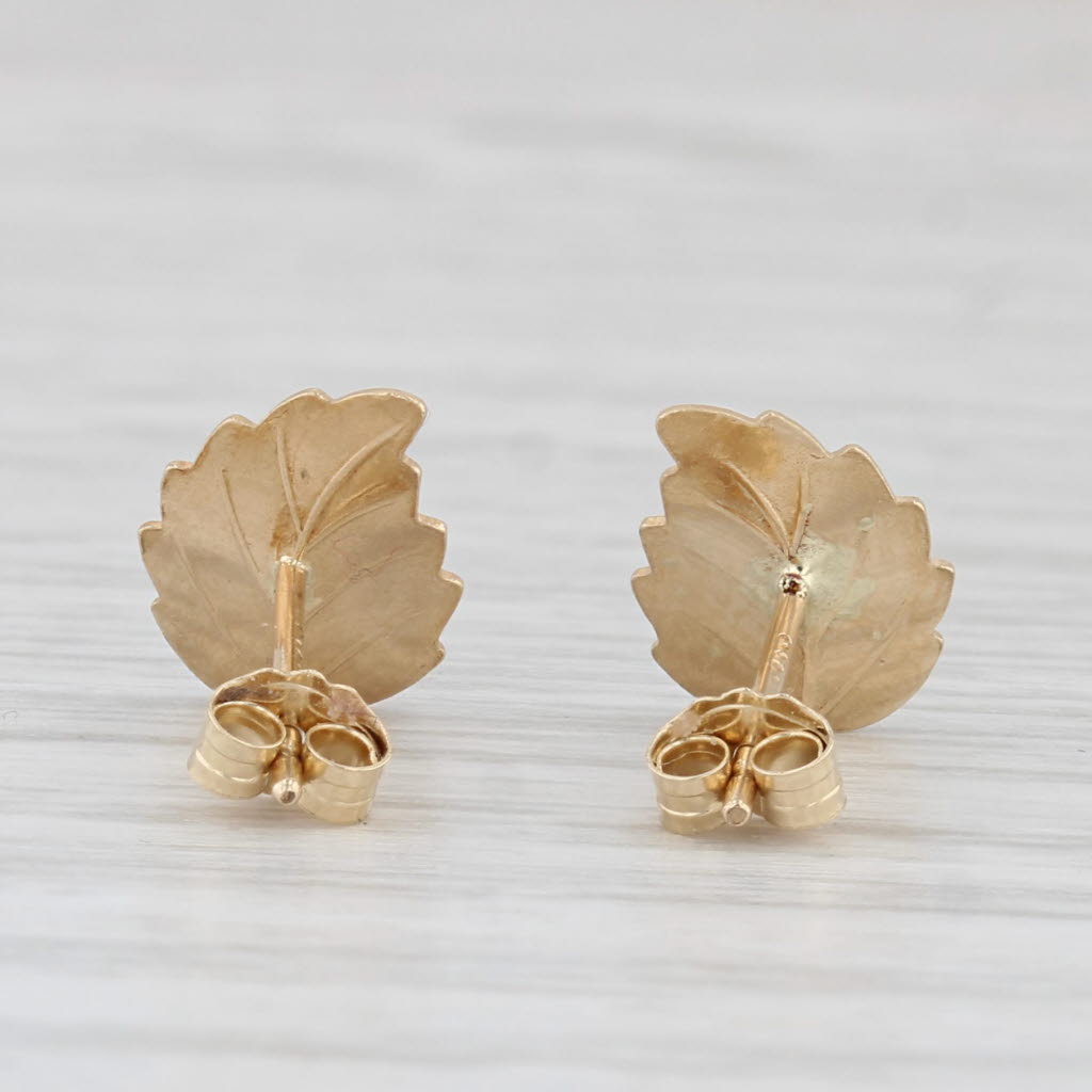 Light Gray Leaf Stud Earrings 14k Yellow Gold