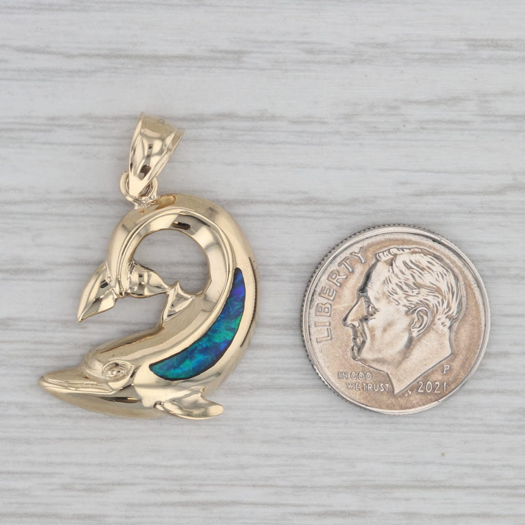 Gray Dolphin Pendant 14k Yellow Gold Lab Created Opal Nautical Jewelry