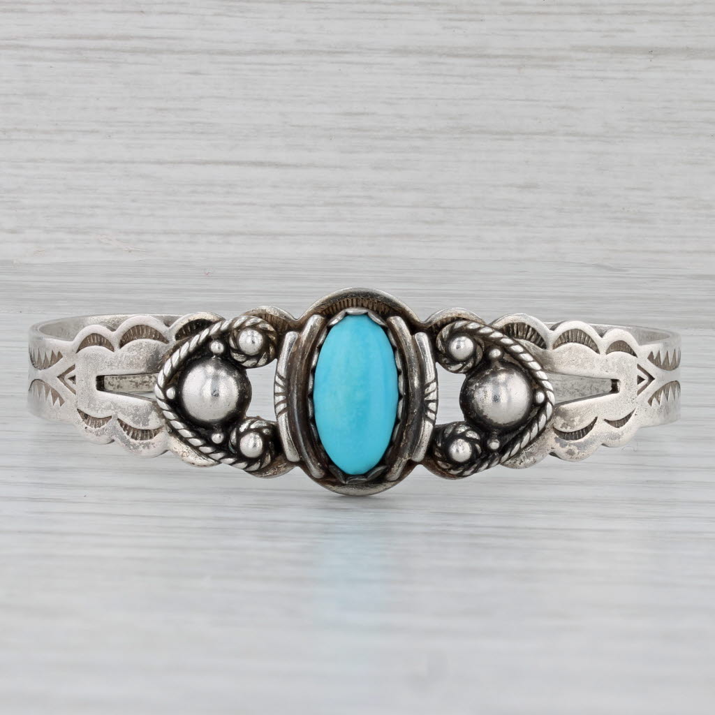 Gray Turquoise Stamped Pattern Cuff Bracelet Vintage Sterling Silver Native American