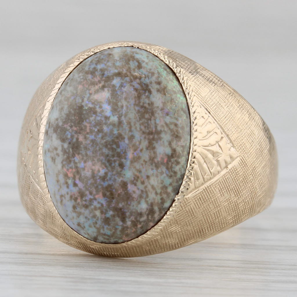 Gray Boulder Opal Oval Cabochon Solitaire Ring 10k Yellow Gold Size 10