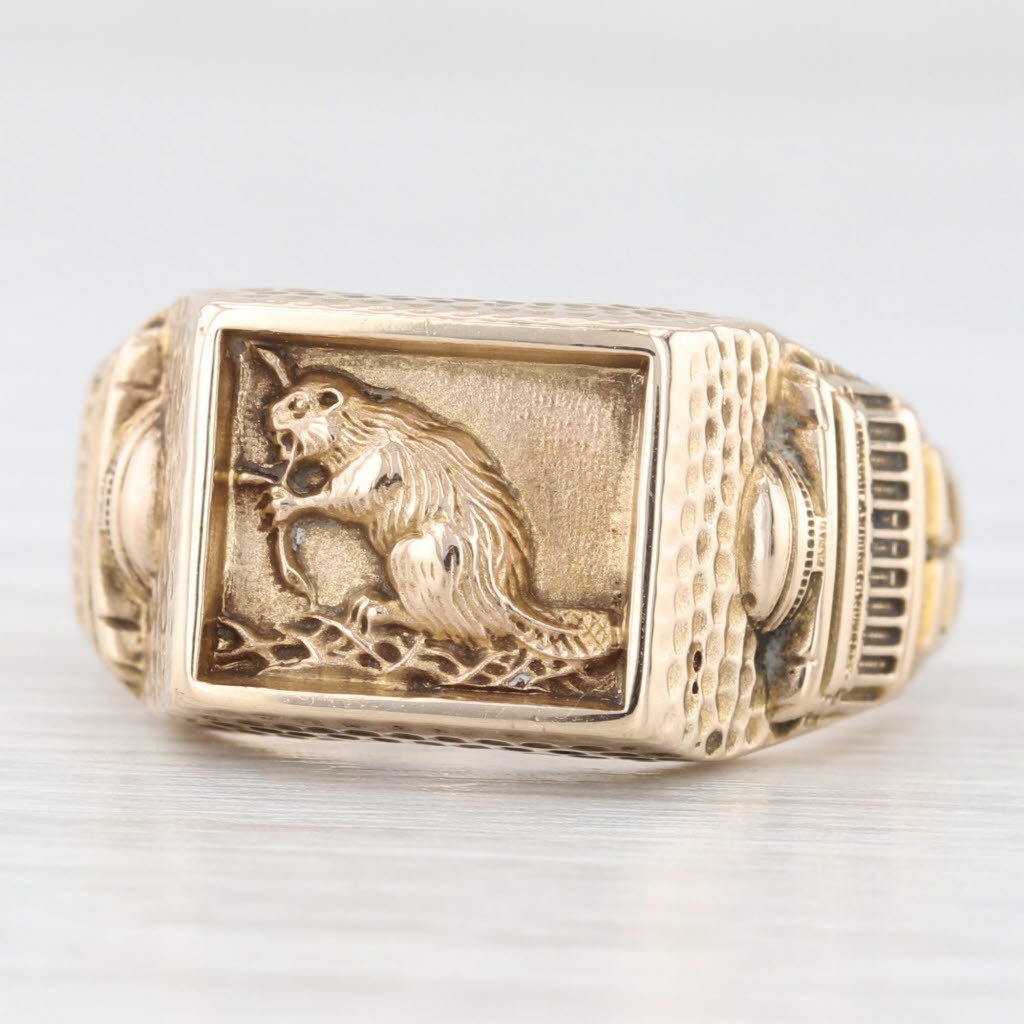 Antique White Brass Rat MIT Class Signet Ring 10k Yellow Gold Size 6.5 1967 Vintage