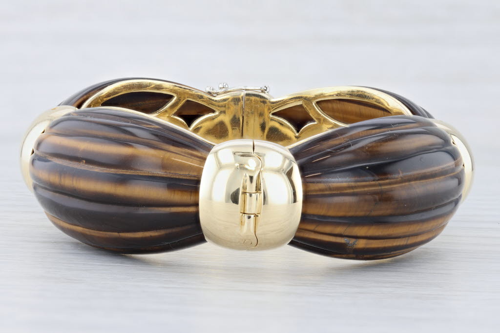 Vintage Tiger's Eye Bangle Bracelet 18k Yellow Gold 6.5" 21mm