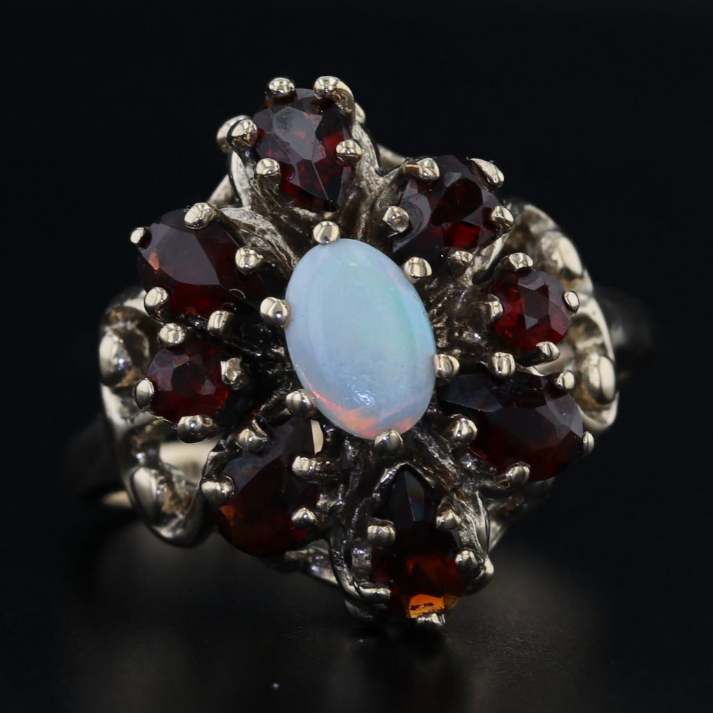Black 1.60ctw Garnet Cluster Halo Opal Ring 10k Yellow Gold Size 6.25