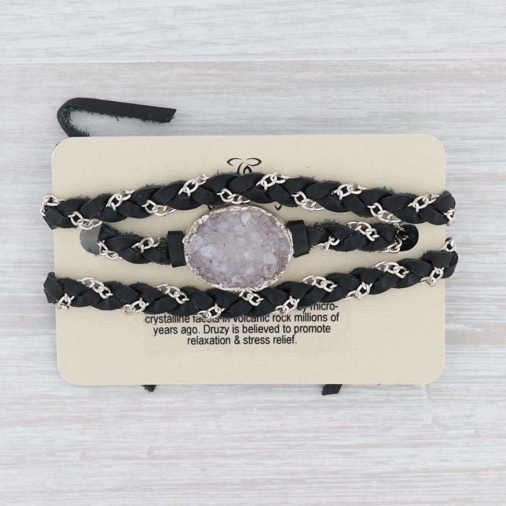 New Nina Wynn Cordelia Necklace Black Leather White Druzy Pendant NWT