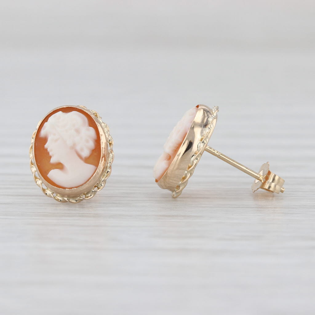 Carved Shell Cameo Stud Earrings 14k Yellow Gold Oval Studs