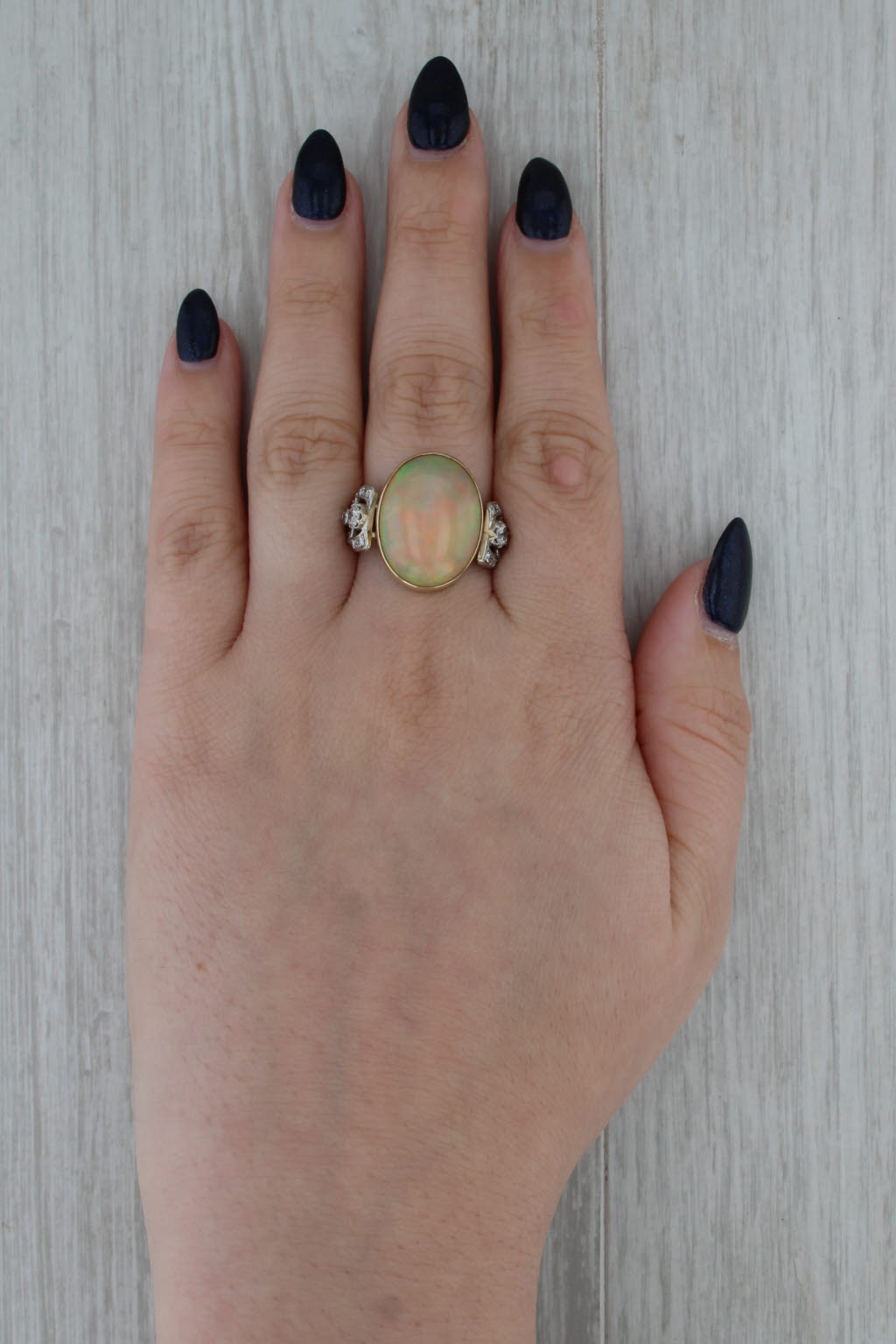 Vintage Opal Cabochon Diamond Ring 14k Yellow Gold Size 8.5 Cocktail