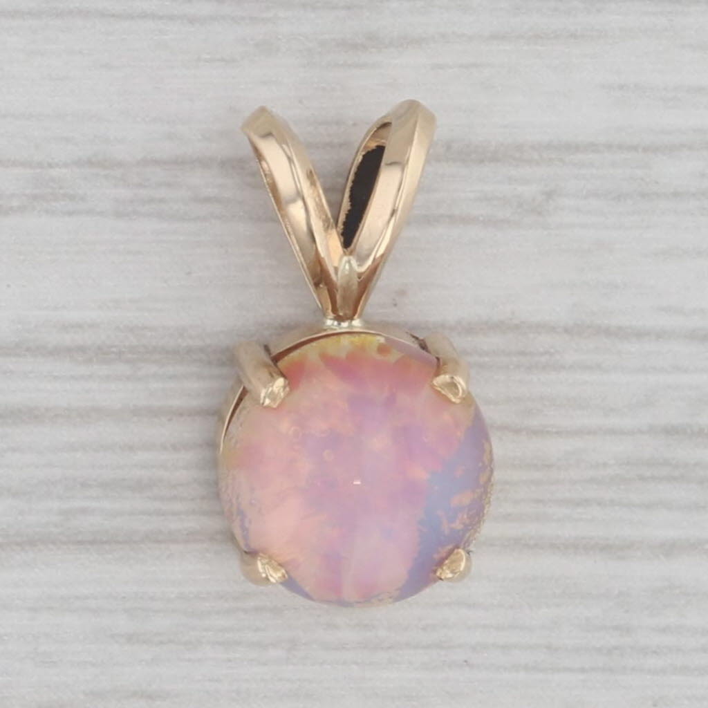 Gray Pink Glass Simulated Opal Small Drop Pendant 14k Yellow Gold Round Cabochon