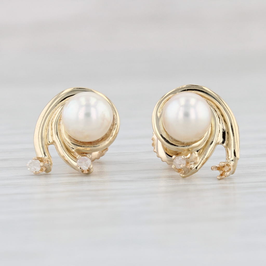 Light Gray Cultured Pearl Diamond Swirl Stud Earrings 14k Yellow Gold