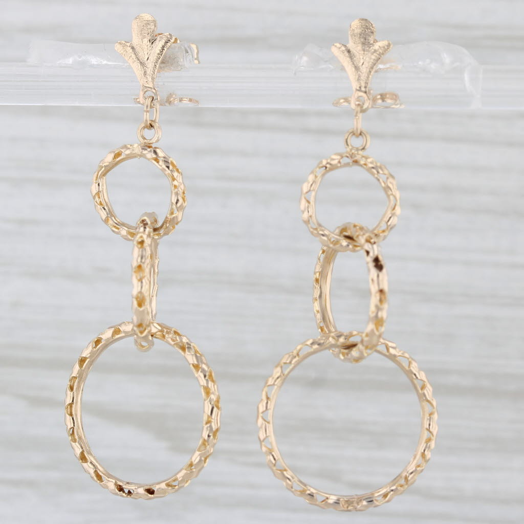 Light Gray 3 Linked Rings Dangle Earrings 14k Yellow Gold