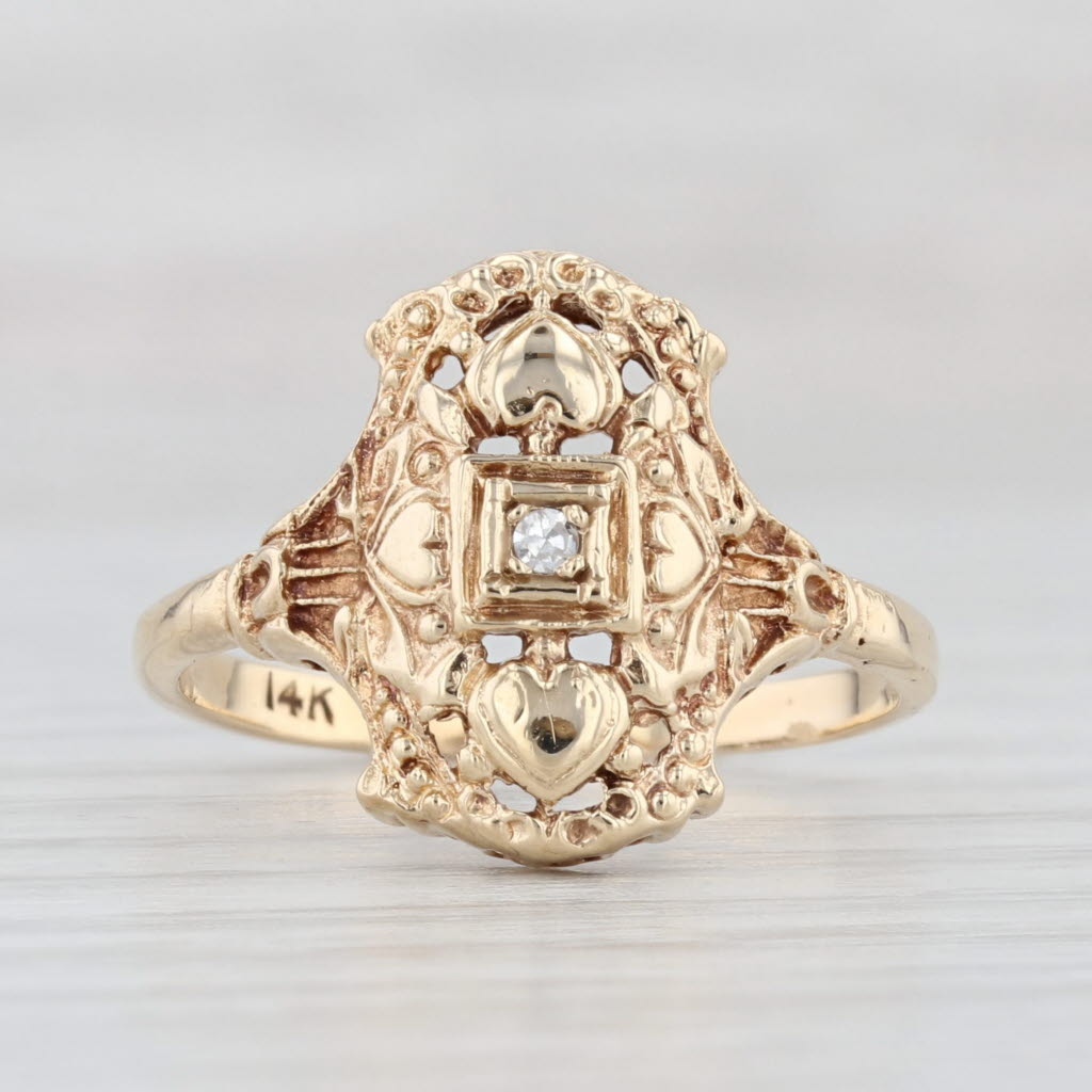 Light Gray Vintage Diamond Filigree Ring 14k Yellow Gold Size 6.75 Heart Accents