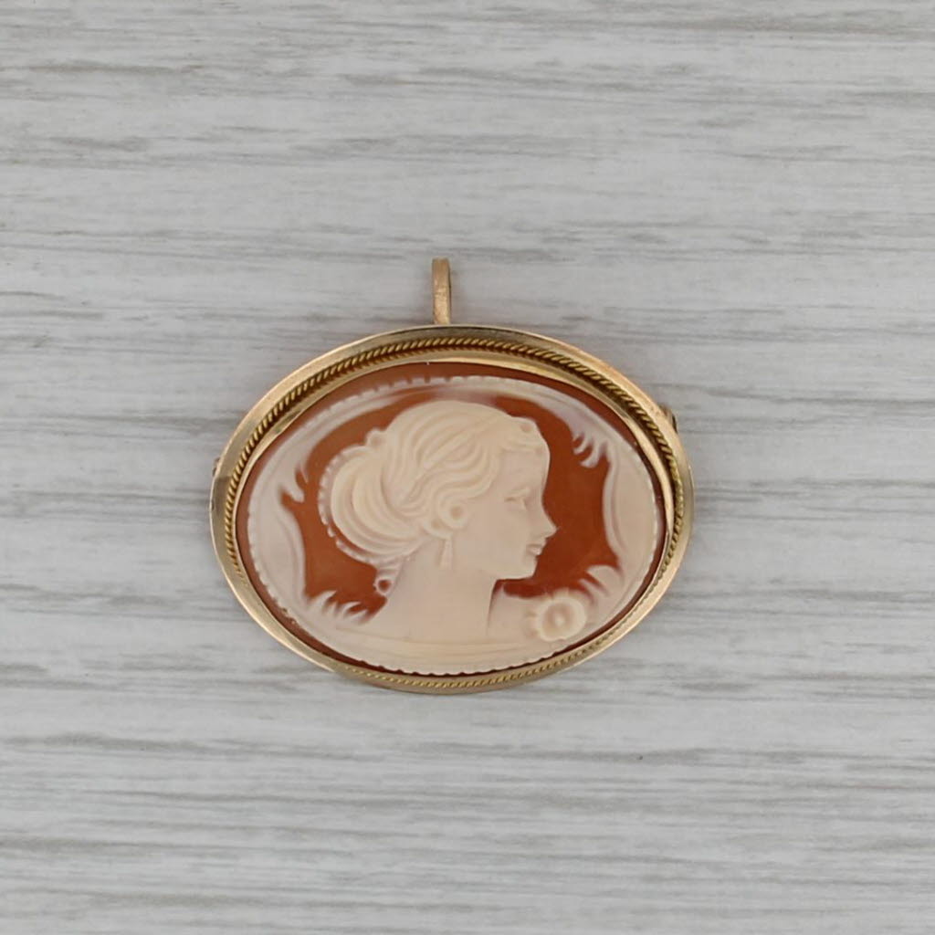 Vintage Carved Shell Cameo Pendant Brooch 14k Yellow Gold Pin