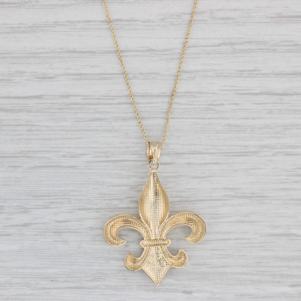 Light Gray Fleur Di Lis Pendant Necklace 14k Yellow Gold 18" Rope Chain