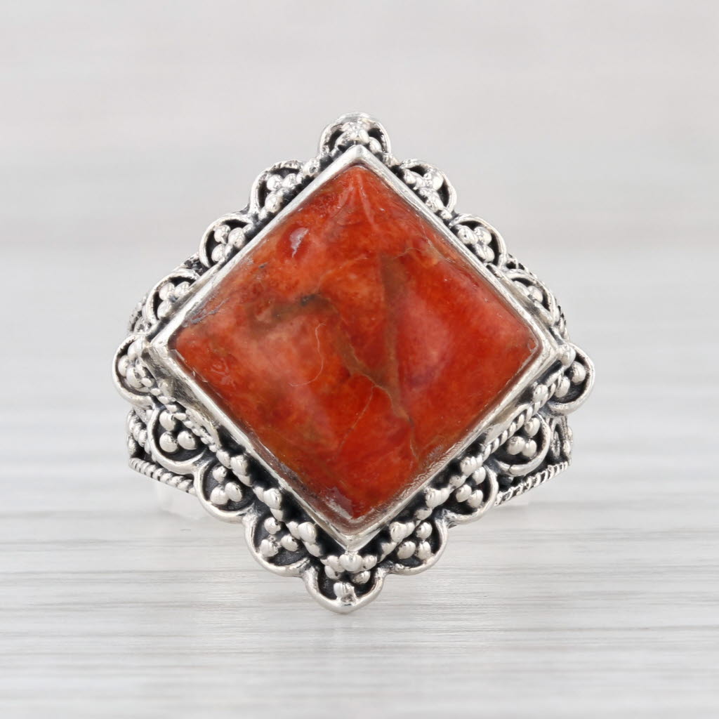 Orange Spiney Oyster Coral Resin Ornate Ring Sterling Silver Size 6.75