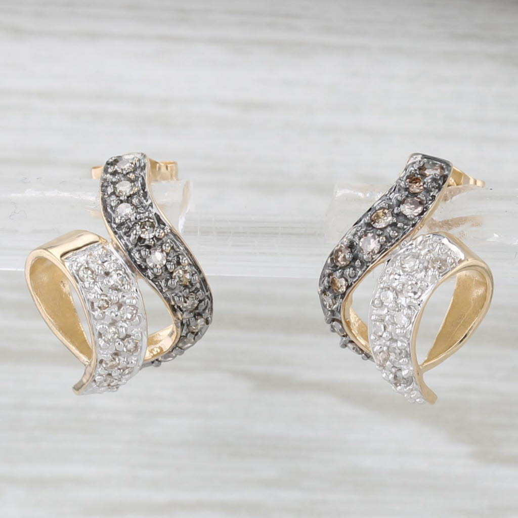 Light Gray 0.24ctw Champagne White Diamond Swirl Stud Drop Earrings 14k Yellow Gold