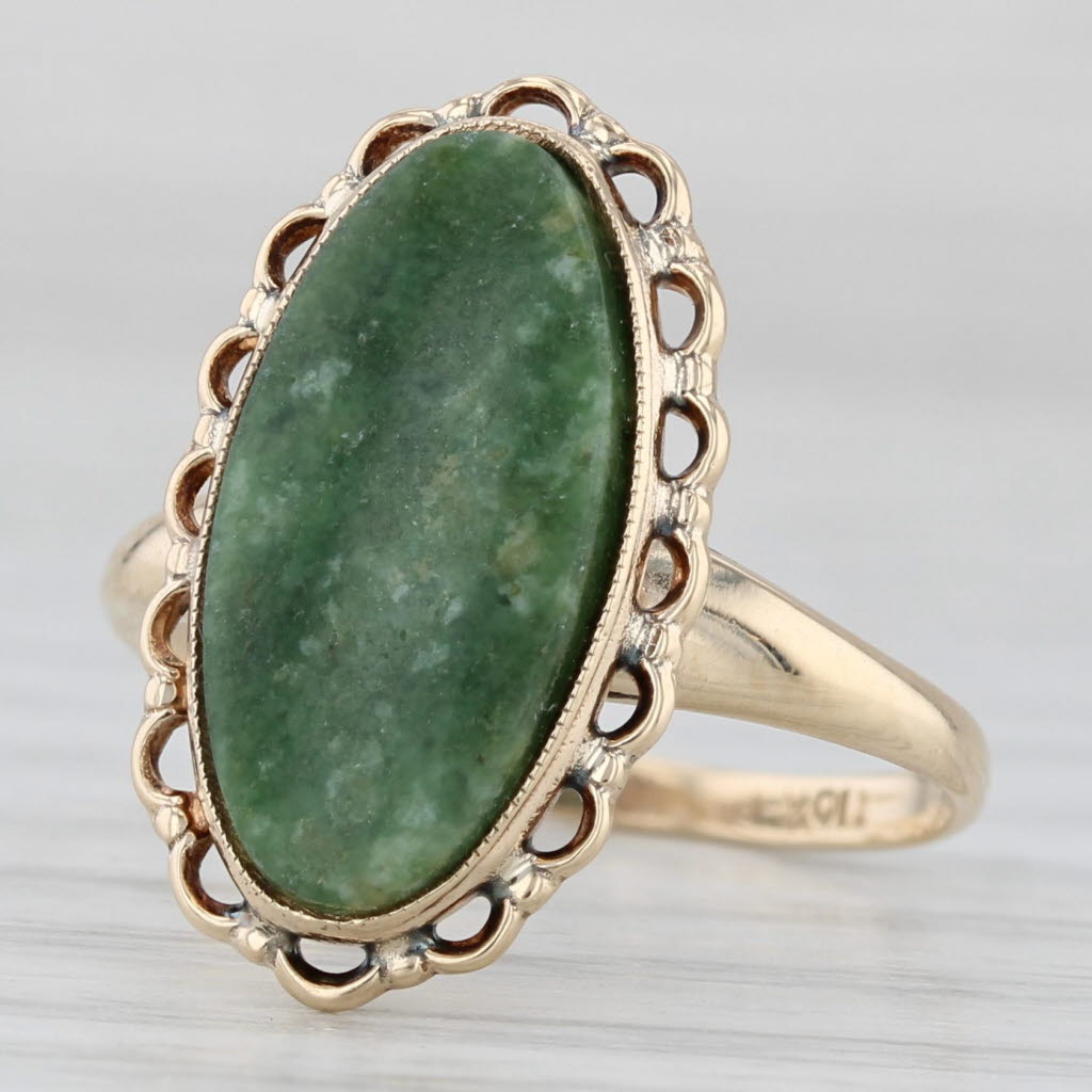 Light Gray Green Nephrite Jade Ring 10k Yellow Gold Oval Solitaire Size 5.75