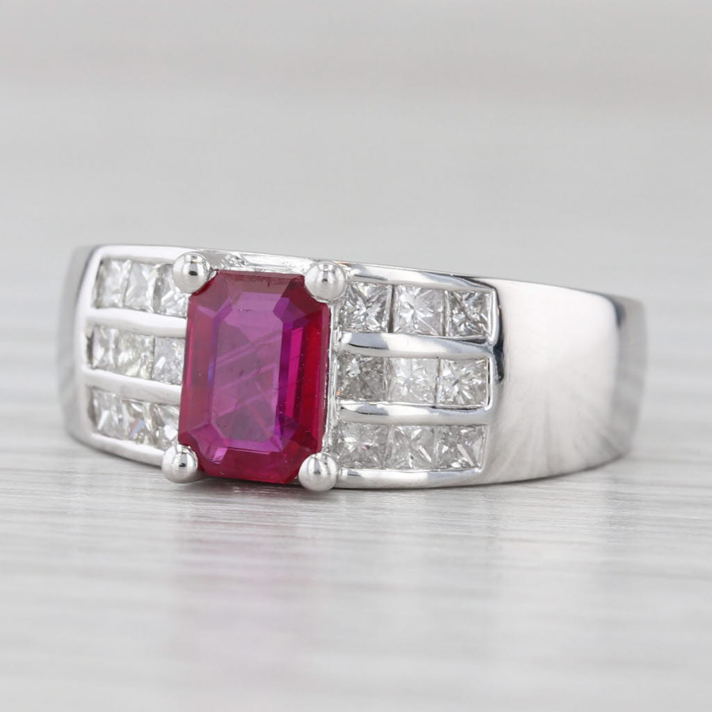 Light Gray 1.55ctw Emerald Cut Ruby Diamond Ring 18k White Gold Size 6.5