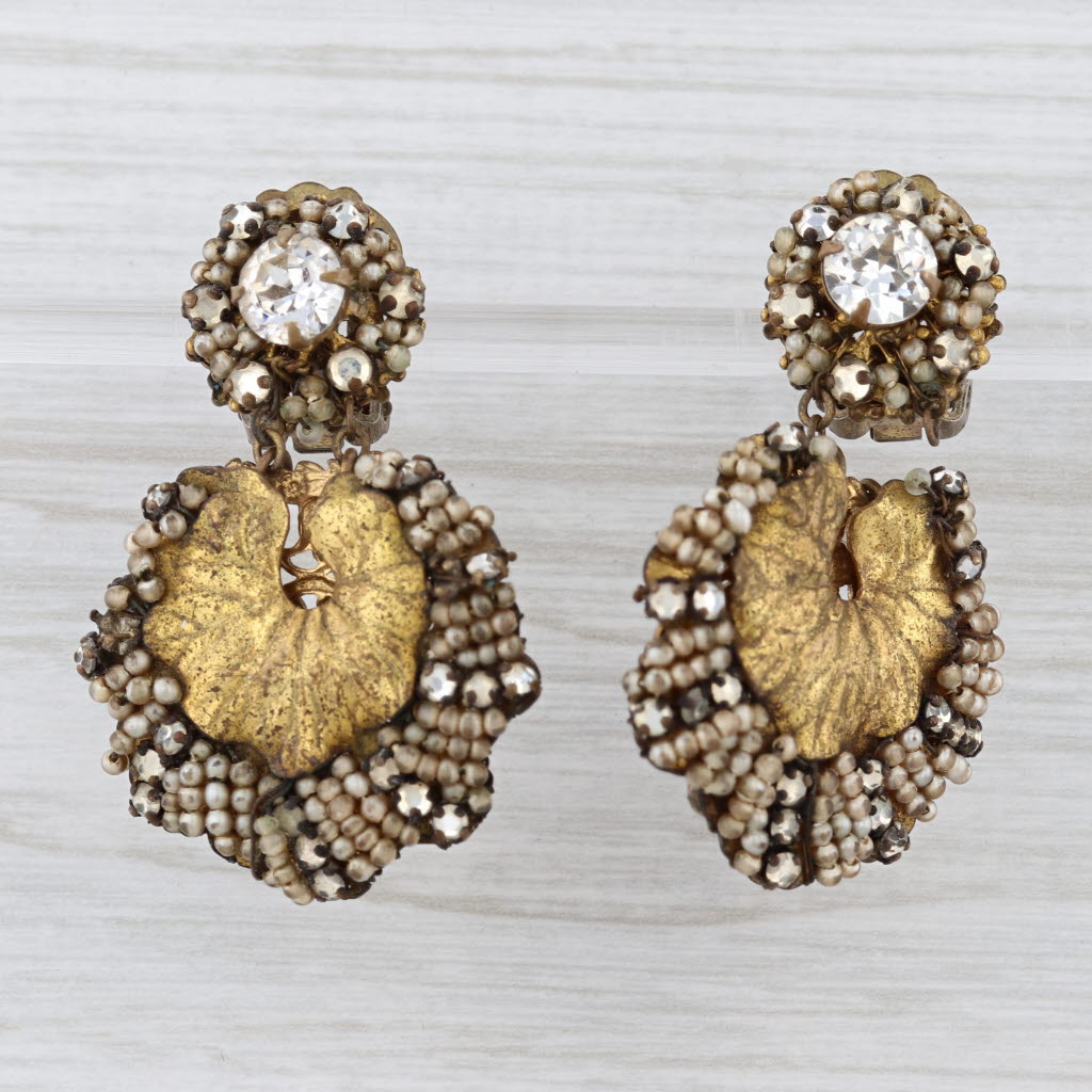 Vintage Miriam Haskell Leaf Dangle Clip On Earrings Rhinestone Faux Pearl As IS