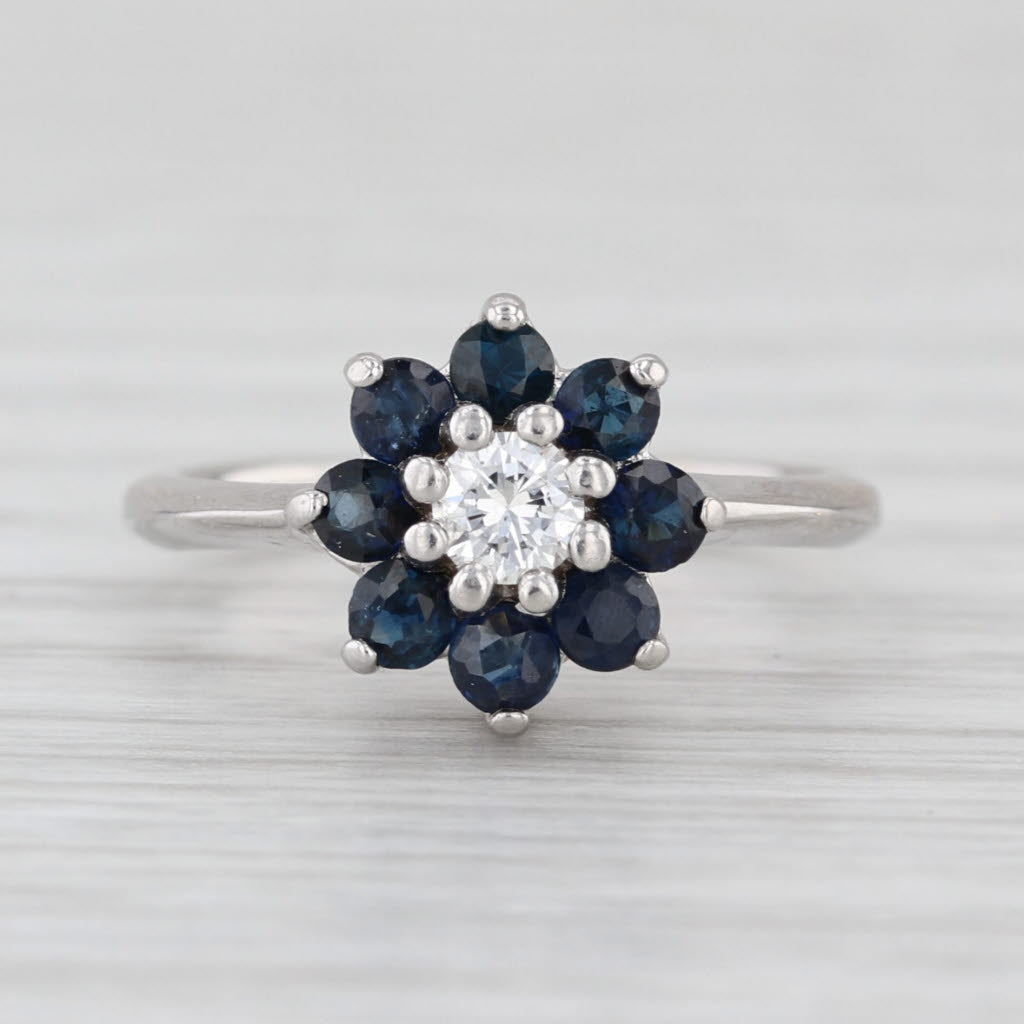 0.60ctw Diamond Blue Sapphire Halo Flower Ring 14k White Gold Size 3 Engagement