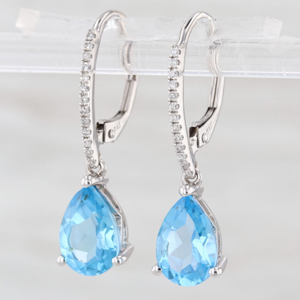 3.28ctw Pear Topaz Diamond Teardrop Dangle Earrings 14k White Gold Leverbar